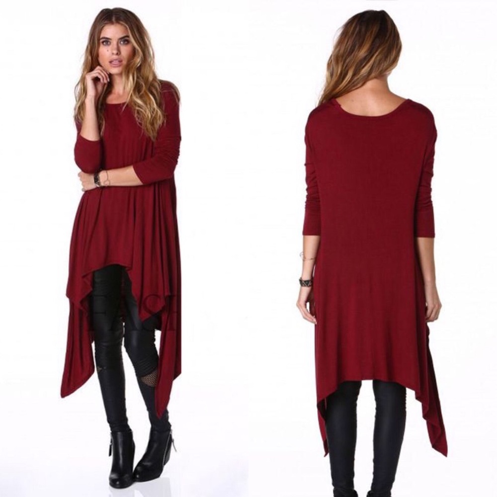 High Low Handkerchief Hem Midi Tunic Dress Burgundy - Picture 1 of 4